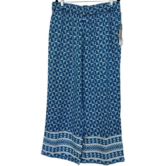 Soft Surroundings Narah Pants in Blue White Geometric Palazzo Cotton LARGE NWT - Picture 1 of 7